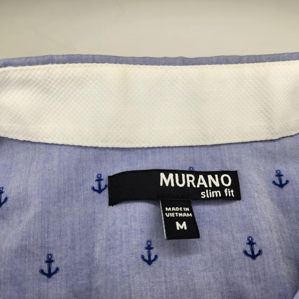 Nautical Blue Anchors Button-Up Short Sleeve‎ Casual Men's Slim M Shirt Cotton
